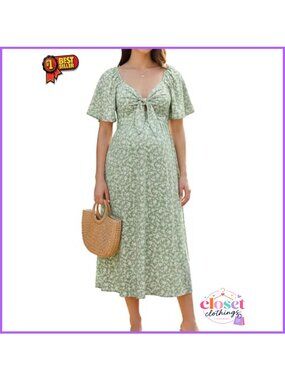 Maternity Midi Dress V-Neck A-Line Flare Sleeve Baby Shower